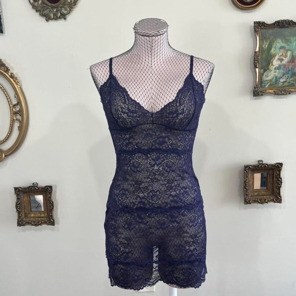 Samantha Chang New York Navy Sheer Lace Slip Dress Lingerie –‎ Size Small